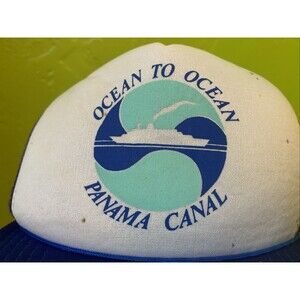 Vintage Panama, Canal, Ocean Ocean Blue Trucker Hat, Mesh Back Snapback Vtg